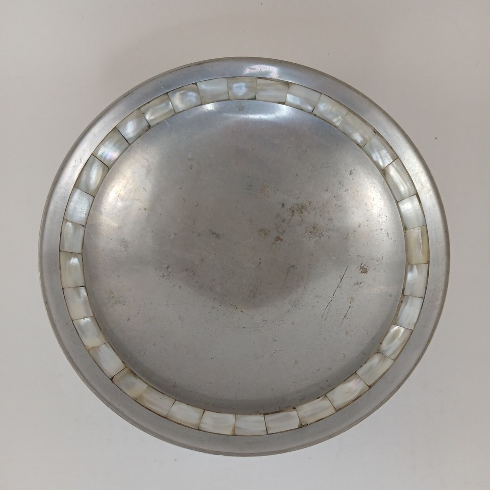 Vintage Pewter Bowl with Decorative Mother of Pearl Inlay Made in India